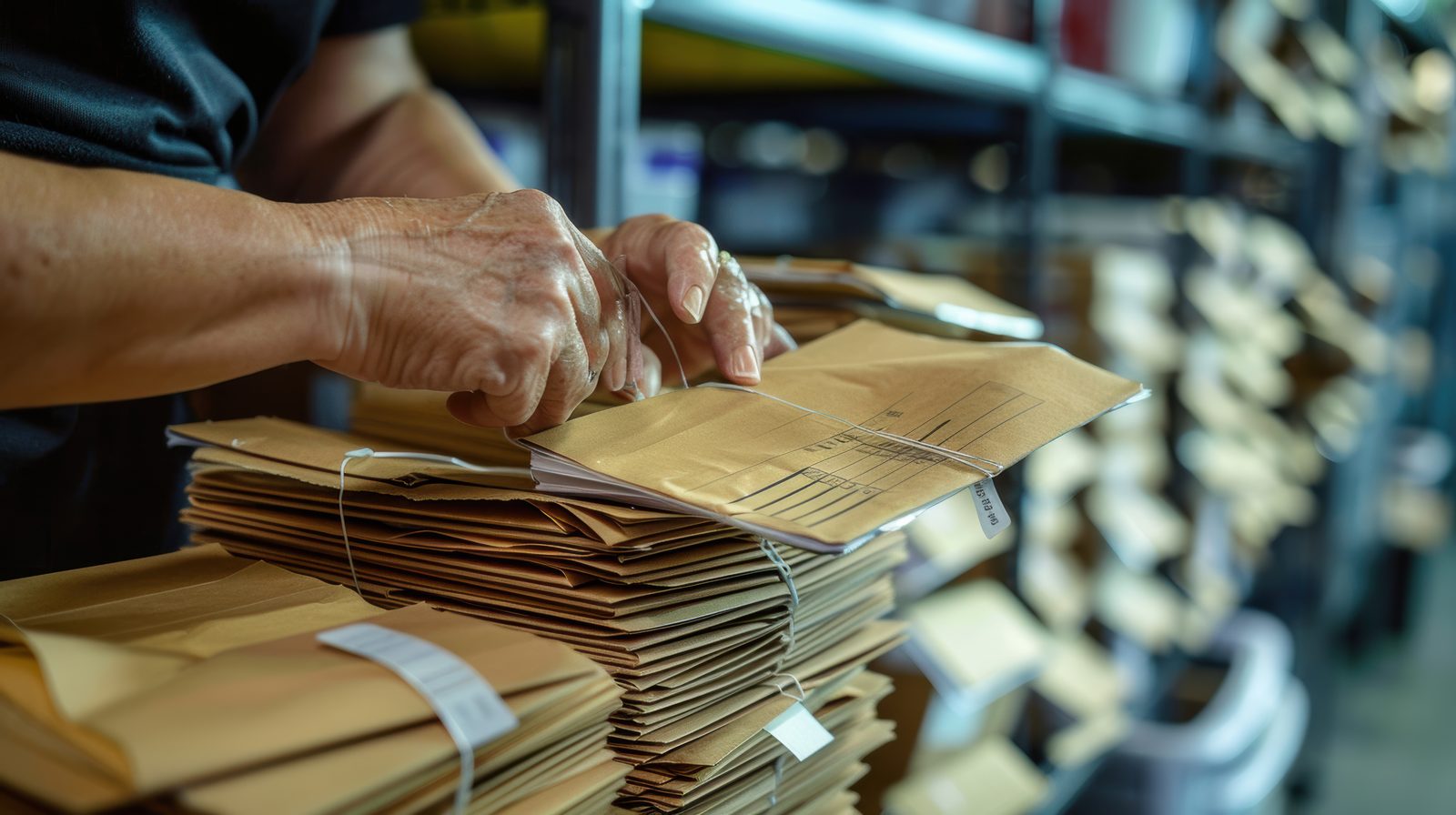 Envelopes being sorted into stacks in a mailing room